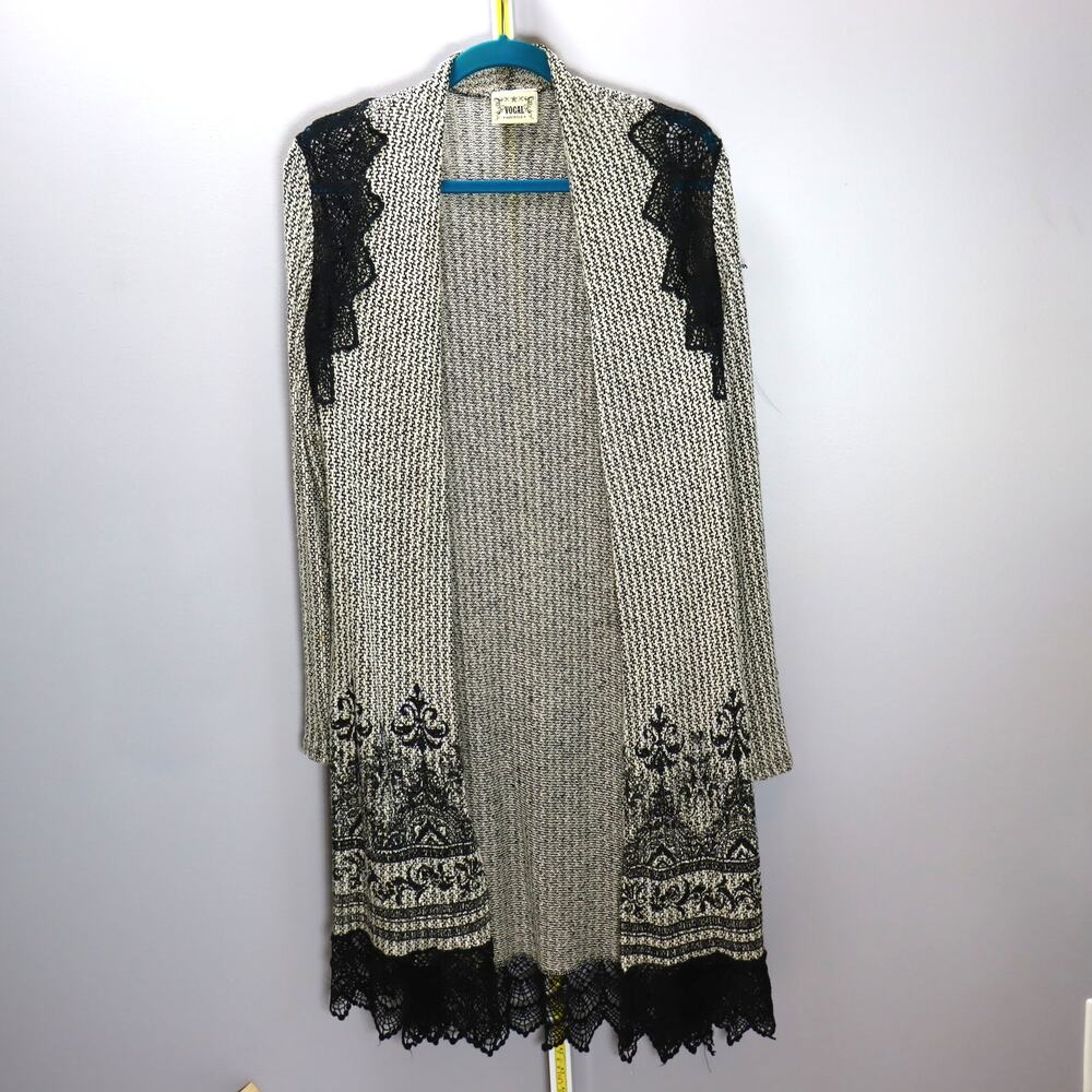 Vocal Black & Cream Knit Lace Trim Long Cardigan Size M Made‎ USA